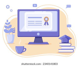 Сertificate on monitor screen for e-learning course, webinar and online education, online certification concept on top of office desk, vector flat illustration