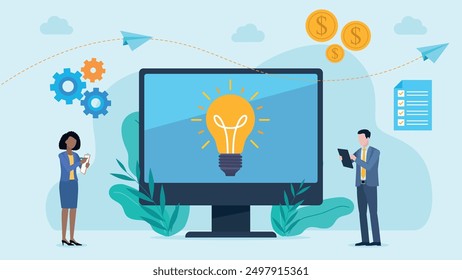 On the monitor screen, you can see an icon of a glowing light bulb. Next to it, office workers are holding a tablet, taking notes. Next to it are icons: checklist, gears, and coins with a dollar sign.