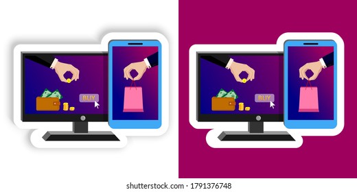 On the monitor and smartphone screen one hand in suit pays golden coin, the second hand holds out the package with the purchase. Online payments, money transfers, online purchase. Vector isolated