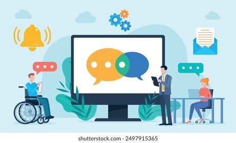 On the monitor, you can see a communication icon. Next to it, office workers are holding a tablet, working on a laptop, taking notes. Speech bubbles and icons of a bell, email, and gears. Vector