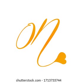 ON monogram logo.Typographic icon with calligraphic script letter o and letter n. Lettering icon. Alphabet initials isolated on light background.Signature style elegant  characters and heart shape.