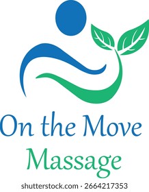 El diseño del logotipo del masaje en movimiento con las ondas azules y verdes con el símbolo de la hoja representa el bienestar y los servicios del movimiento