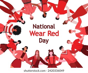 On National Wear Red Day, a group of young people wearing red clothes stood together in a circle, hugging to show their support and raise awareness about cardiovascular disease.