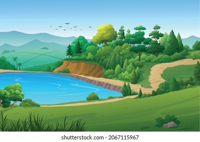 On the nature path, there are trees, mountains and water bodies.