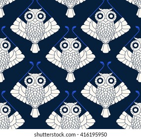 on a navy background a stylized flying white owl in the shape of a rhombus in chessboard order