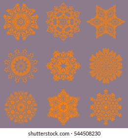 On a neutral background. Celebratory vector set with 9 snowflakes. Vector illustration.