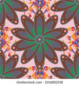 On neutral, brown and blue backdrop. Childish design. Cute floral background for textile, fabric, wrapping, scrapbooking. Vector seamless pattern with hand drawn doodle flowers.