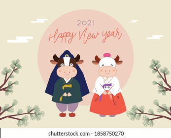 En el Día de Año Nuevo de 2021, una linda pareja de bueyes con ropa tradicional coreana Hanbok está de pie y saludando feliz y sosteniendo una bolsa de suerte. 