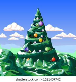 On New Year's Eve and Christmas. The union of all people. Friendly decoration of a big mountain in a Christmas tree. Vector illustration