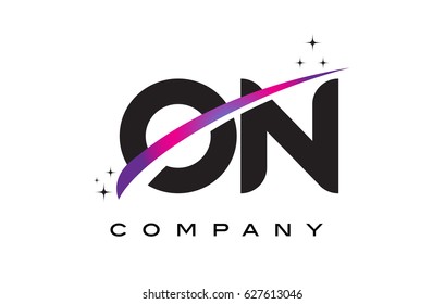 ON O N Black Letter Logo Design with Purple Magenta Swoosh and Stars.