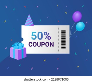 On the occasion of a customer's birthday, a discount coupon will be given to the market illustration set. pollen, gift, balloon, cone. Vector drawing. Hand drawn style.