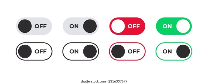 On and Off badges. On Off switcher icons. Vector scalable graphics