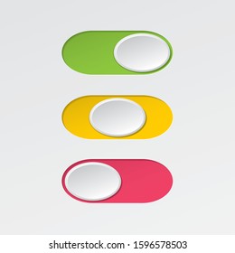 On and Off Blank Ellipse Toggle Switch Buttons Set Modern Devices User Interface Mockup or Template - Green Red and Yellow on White Background - Vector Gradient Graphic  Design