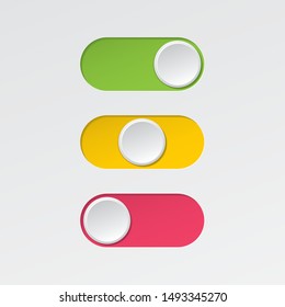 On and Off Blank Toggle Switch Buttons Set Modern Devices User Interface Mockup or Template - Green Red and Yellow on White Background - Vector Gradient Graphic Design