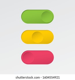 On and Off Blank Toggle Switch Round Debossed Buttons Set Modern Devices User Interface Mockup or Template - Green Red and Yellow on White Background - Vector Gradient Graphic Design