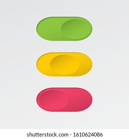 On And Off Blank Toggle Switch Ellipse Shape Debossed Buttons Set Modern Devices User Interface Mockup Or Template - Green Red And Yellow On White Background - Vector Gradient Graphic  Design