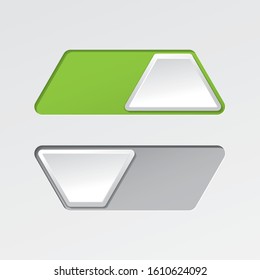 On and Off Blank Toggle Switch Trapezoid Shape Buttons Set with Lettering Modern Devices User Interface Mockup or Template - Green and Grey on White Background - Vector Gradient Graphic Design