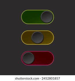 On and Off Blank Toggle Switch Buttons Set with Glow Modern Devices User Interface Mockup or Template - Green Red and Yellow on Black Background - Vector Gradient Graphic Design
