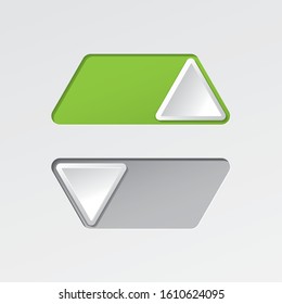 On and Off Blank Triangle Shape Toggle Switch Buttons Set with Lettering Modern Devices User Interface Mockup or Template - Green and Grey on White Background - Vector Gradient Graphic Design