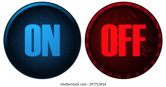 On and Off Blue and Red Round Grunge Buttons, Vector Illustration. 