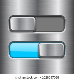 On and Off blue slider buttons. Metal switch interface buttons on iron background. Vector 3d illustration