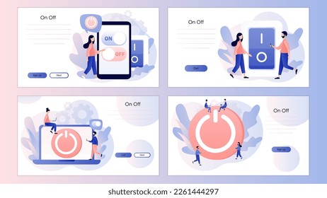 El concepto del botón Apagar. La gente presiona el interruptor. Caracteres apagando y encendiendo dispositivos. Ahorra energía. Plantilla de pantalla para página de inicio, plantilla, ui, web, aplicación móvil, afiche, banner, volante. Vector 
