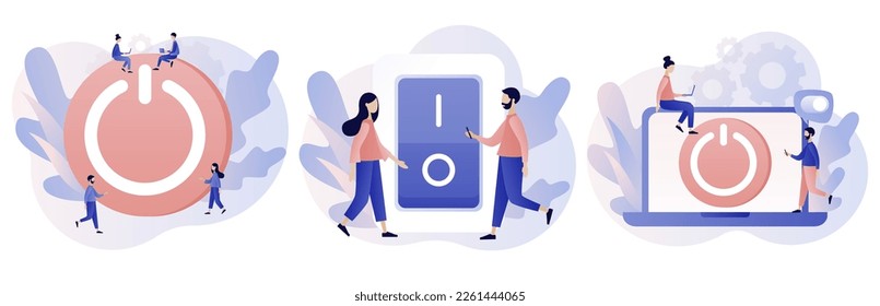 On Off button concept. Tiny people press switch. Characters turning off and turning on devices. Save energy. Modern flat cartoon style. Vector illustration on white background