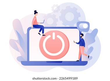 On Off button on laptop screen. Tiny people press switch. Characters turning off and turning on devices. Save energy concept. Modern flat cartoon style. Vector illustration on white background
