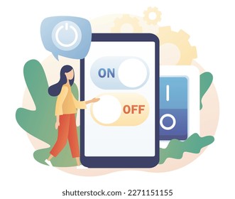 On Off button on smartphone screen. Characters turning off and turning on devices. Tiny woman press switch. Save energy concept. Modern flat cartoon style. Vector illustration on white background