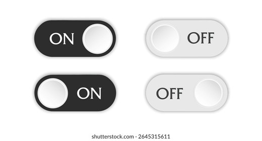 Botão liga/desliga. Interruptor, controle deslizante, interruptor de alternância. Posição ativa e inativa. Modelo da interface do usuário do aplicativo Web. Ilustração vetorial.