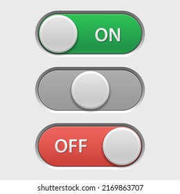 On off button. User interface switch for adjustment menu in on, neutral, and off option positions, modern web and phone UI elements. Vector set. Equipment panel with active and in active settings