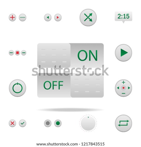 on and off buttons colored icon. Elements of music player in badge style icons. Simple icon for websites, web design, mobile app, info graphics
