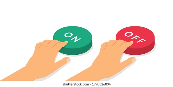On and off buttons in isometry. Concept of hands push buttons. Vector illustration.