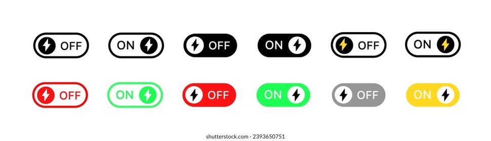 On Off buttons with lightning icons. Different styles, on off buttons, buttons with lightning. Vector icons