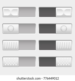 On and off control slider buttons. Set of white interface buttons. Vector 3d illustration