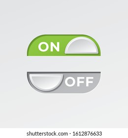 On and Off Crescent Shape Toggle Switch Buttons Set with Lettering Modern Devices User Interface Mockup or Template - Green and Grey on White Background - Vector Gradient Graphic Design