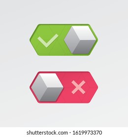 On and Off Cubic Toggle Switch Buttons with Check Marks Modern Devices User Interface Mockup or Template - Green and Red on White Background - Vector Gradient Graphic  Design