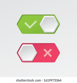 On and Off Hexagonal Toggle Switch Buttons with Check Marks Modern Devices User Interface Mockup or Template - Green and Red on White Background - Vector Gradient Graphic  Design