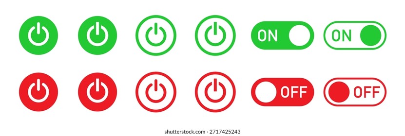 Icono de encendido y apagado. Concepto de Botón de interruptor de interfaz verde y rojo.  Conjunto de iconos de encendido y apagado. Apague. Ilustración vectorial.