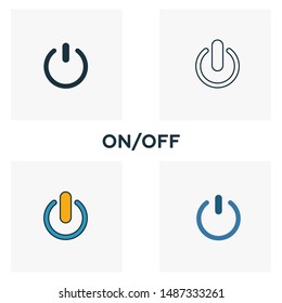 On Off icon set. Four elements in diferent styles from audio buttons icons collection. Creative on off icons filled, outline, colored and flat symbols.