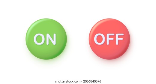 On and off interface round push buttons set vector illustration. Realistic 3d web interface circle click elements for navigation, green active and red inactive switch power control for modern ui