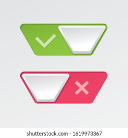 On and Off Inverted Trapazoid Toggle Switch Buttons with Check Marks Modern Devices User Interface Mockup or Template - Green and Red on White Background - Vector Gradient Graphic  Design