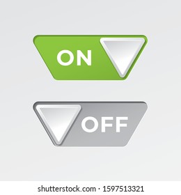 On and Off Inverted Triangle Shape Toggle Switch Buttons with Lettering Modern Devices User Interface Mockup or Template - Green and Grey on White Background - Vector Gradient Graphic  Design