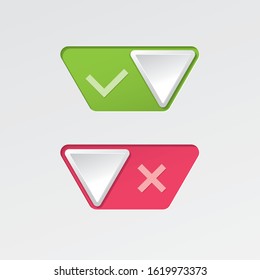 On and Off Inverted Triangle Toggle Switch Buttons with Check Marks Modern Devices User Interface Mockup or Template - Green and Red on White Background - Vector Gradient Graphic  Design