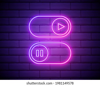 Ein- und Aus-Lampe Neon Light Toggle Schalter-Taste.Play und Pause Multimedia-Symbole.Schalter. Vektorgrafik. Leuchtstofflampe, Vektorgrafik einzeln auf Ziegelwand.