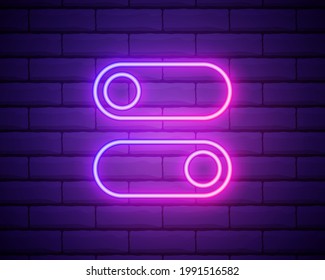 Ein- und Aus-Lampe Neon Light Toggle-Schalter. Vektorgrafik. Leuchtstofflampe, Vektorgrafik einzeln auf Ziegelwand.