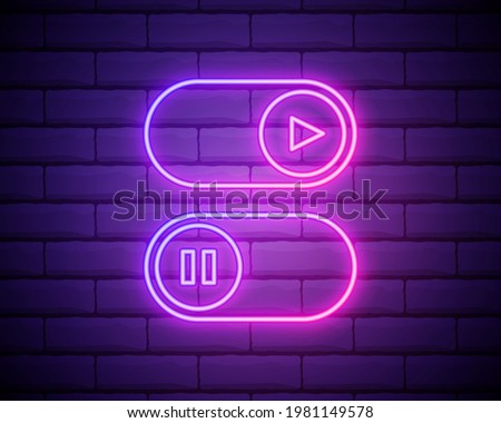 On and Off lamp Neon light Toggle switch button.Play and pause multimedia symbols.Switch buttons. Vector illustration. Fluorescent light vector illustration isolated on brick wall.