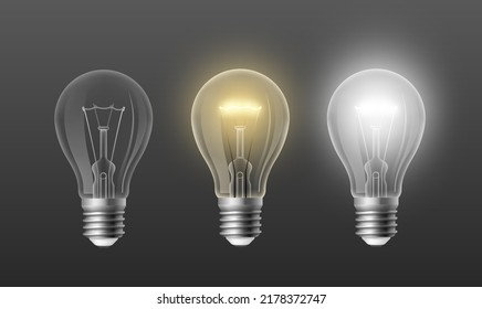 On off light bulb. Realistic retro incandescent lamp glowing withe and yellow light on transparent background. Vector idea and knowledge concept. Illustration of transparent realistic halogen