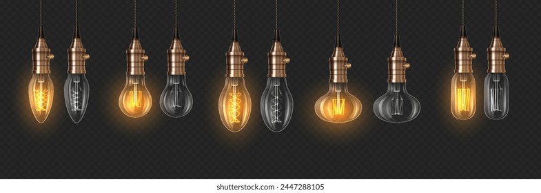 Encendido y apagado de las bombillas de luz 3d conjunto de Ilustración vectorial realista. Diseño de surtido de equipos de iluminación. Lámparas de Edison sobre fondo oscuro