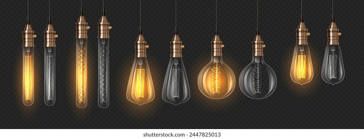 On and off lightbulbs 3d realistic vector illustration set. Lighting equipment assortment design. Edison lamps on dark background